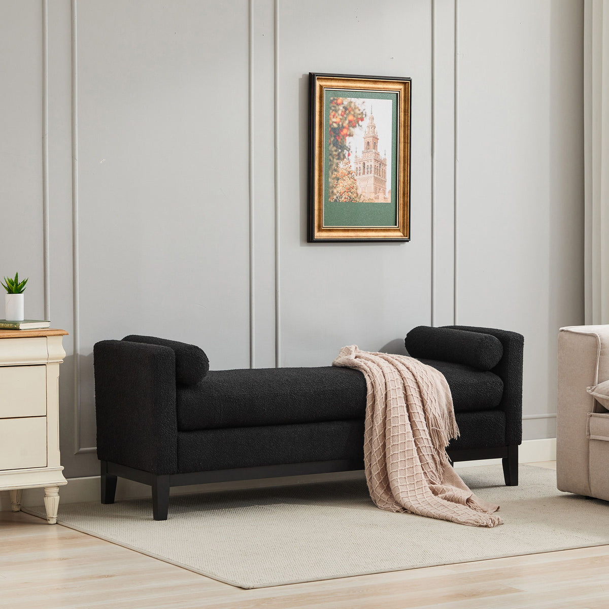 Upholstered End Of Bed Bench With Arms, 2 Bolsters For Bedroom - Black