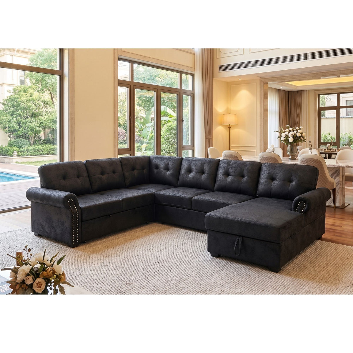 U - Shape Sectional Sleeper Sofa With Storage Chaise