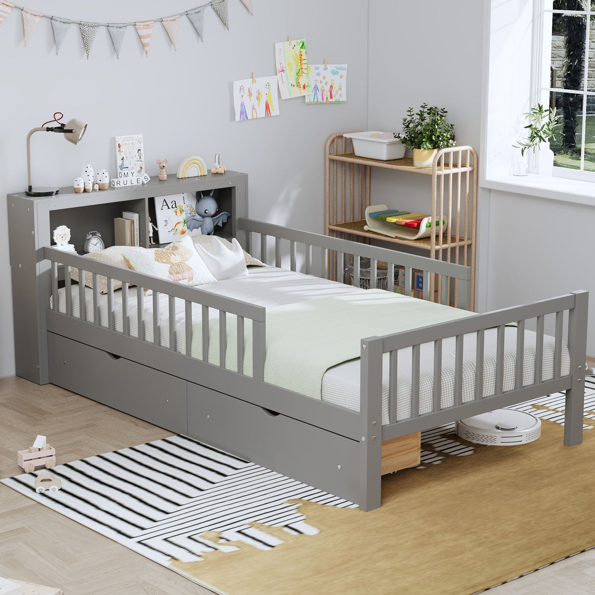 Twin Size Bed With Headboard Storage Rack, 2 Under Bed Drawers, 3 - Side Guardrails For Safety And Security - Gray