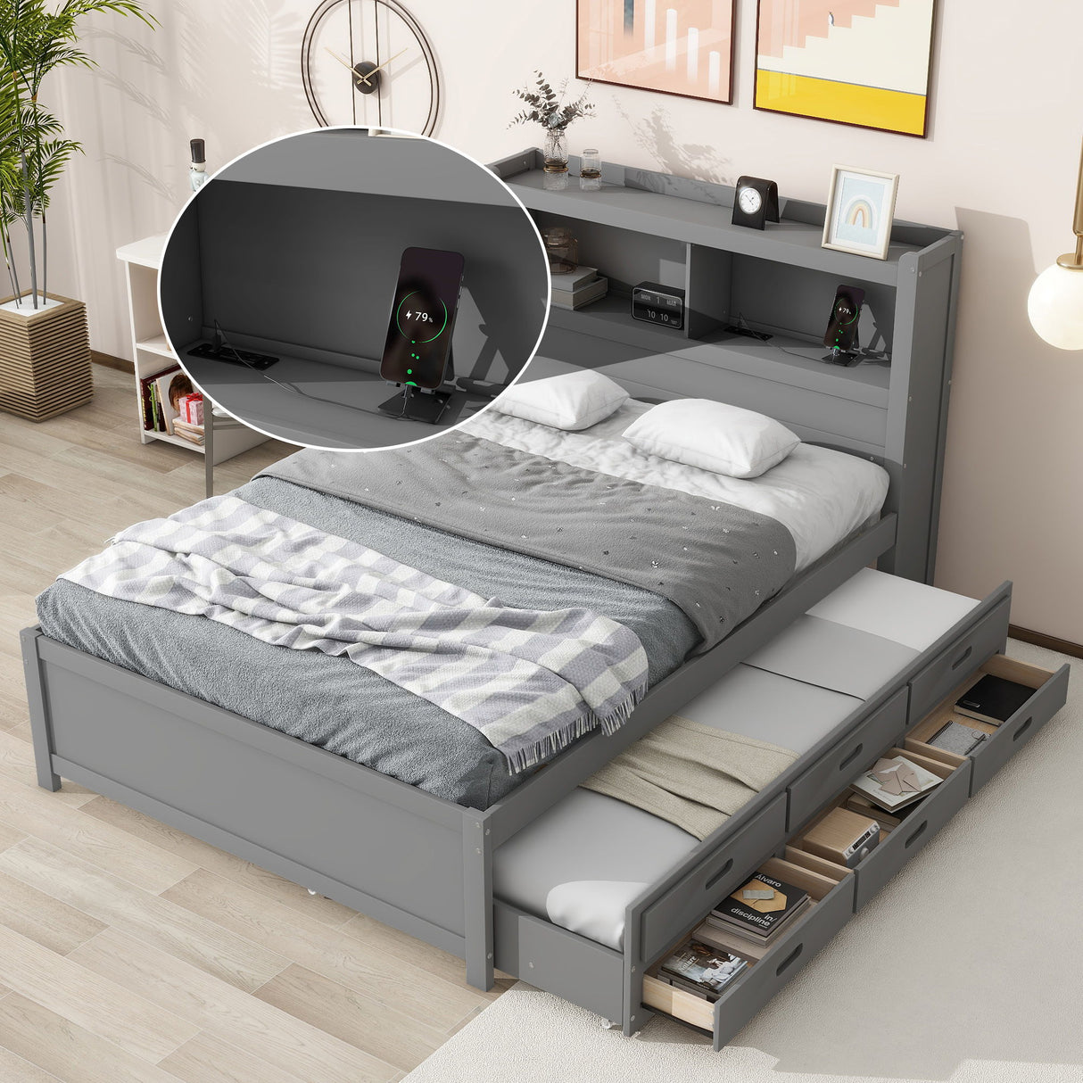Platform Bed With Trundle, Drawers, USB Ports And Built In Shelves