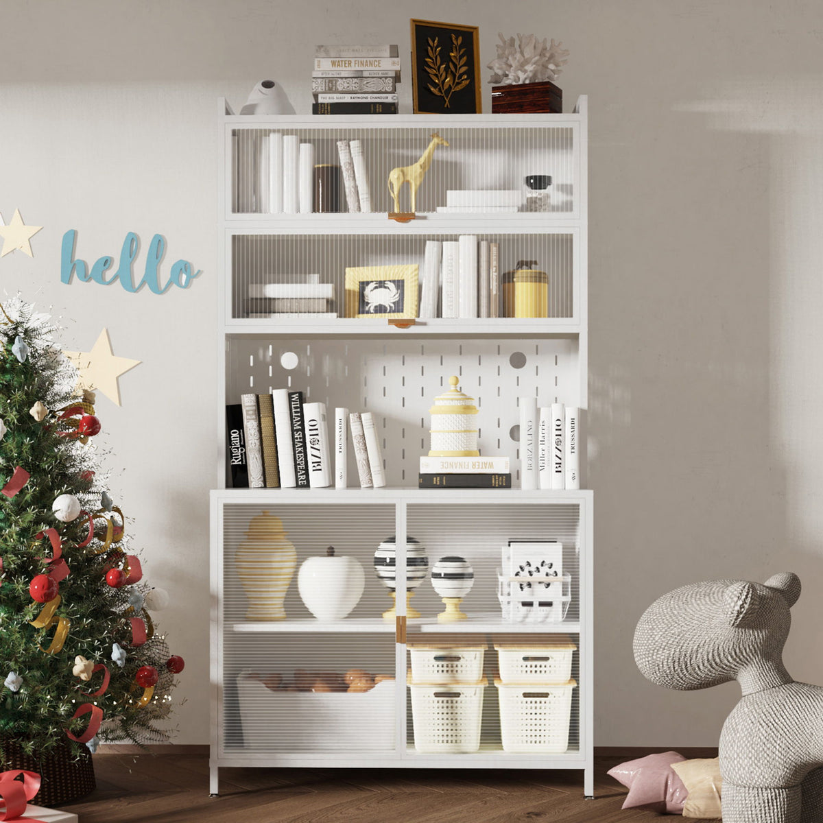 Tall Kitchen Pantry Cabinet With Flip Doors And Pegboard, Anti Tip Steel Storage Hutch