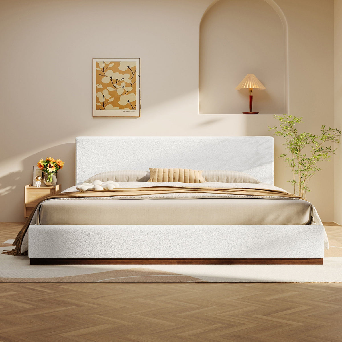 King Size Upholstered Bed With Solid Base Frame - White