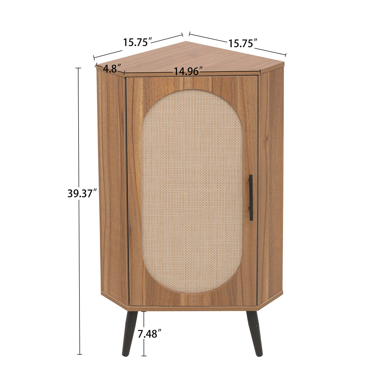 Corner Cabinet, Rattan Door, Freestanding Corner Tables For Small Spaces, Corner Shelf Stand For Living Room, Kitchen, Bathroom, Bedroom - Walnut