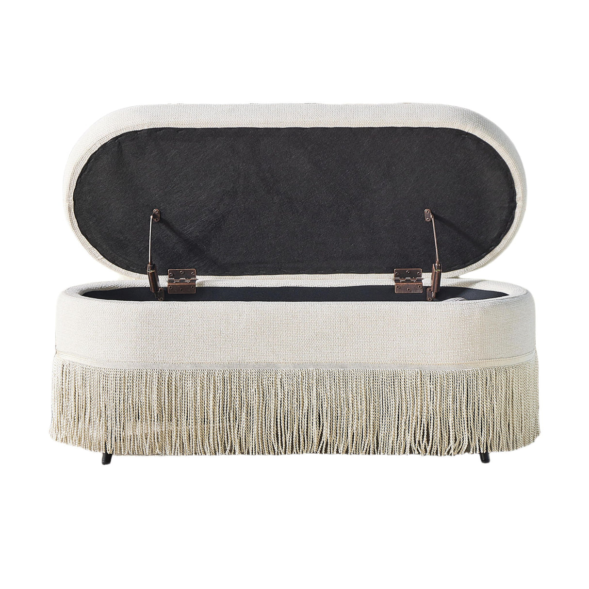 Oval Upholstered Storage Ottoman With Fringe Trim & Lift Top Lid
