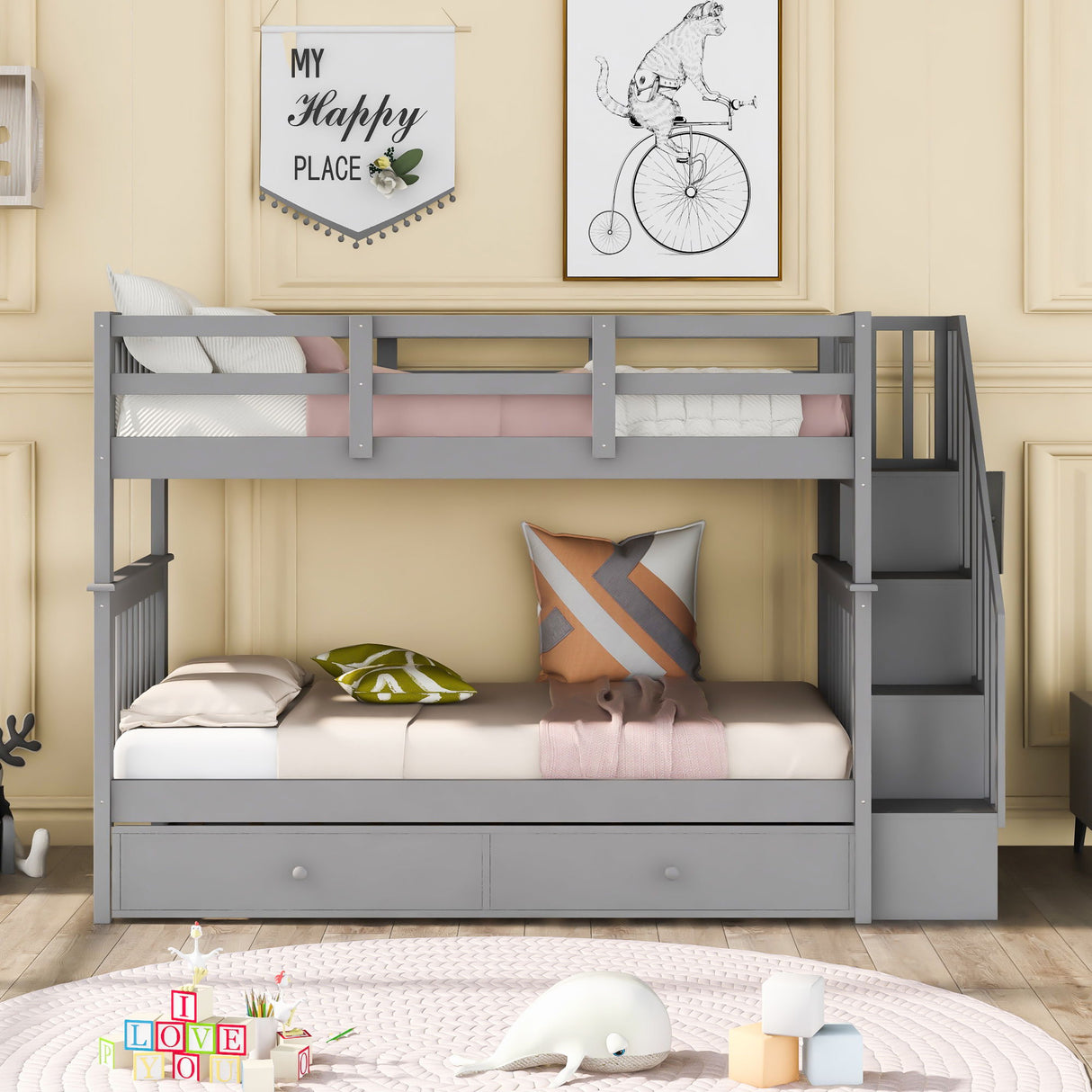 Stairway Bunk Bed & Storage And Guard Rail For Bedroom
