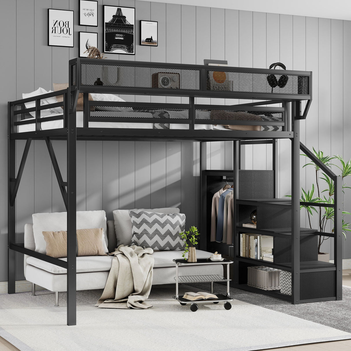 Loft Bed With Storage Shelves, Wardrobe