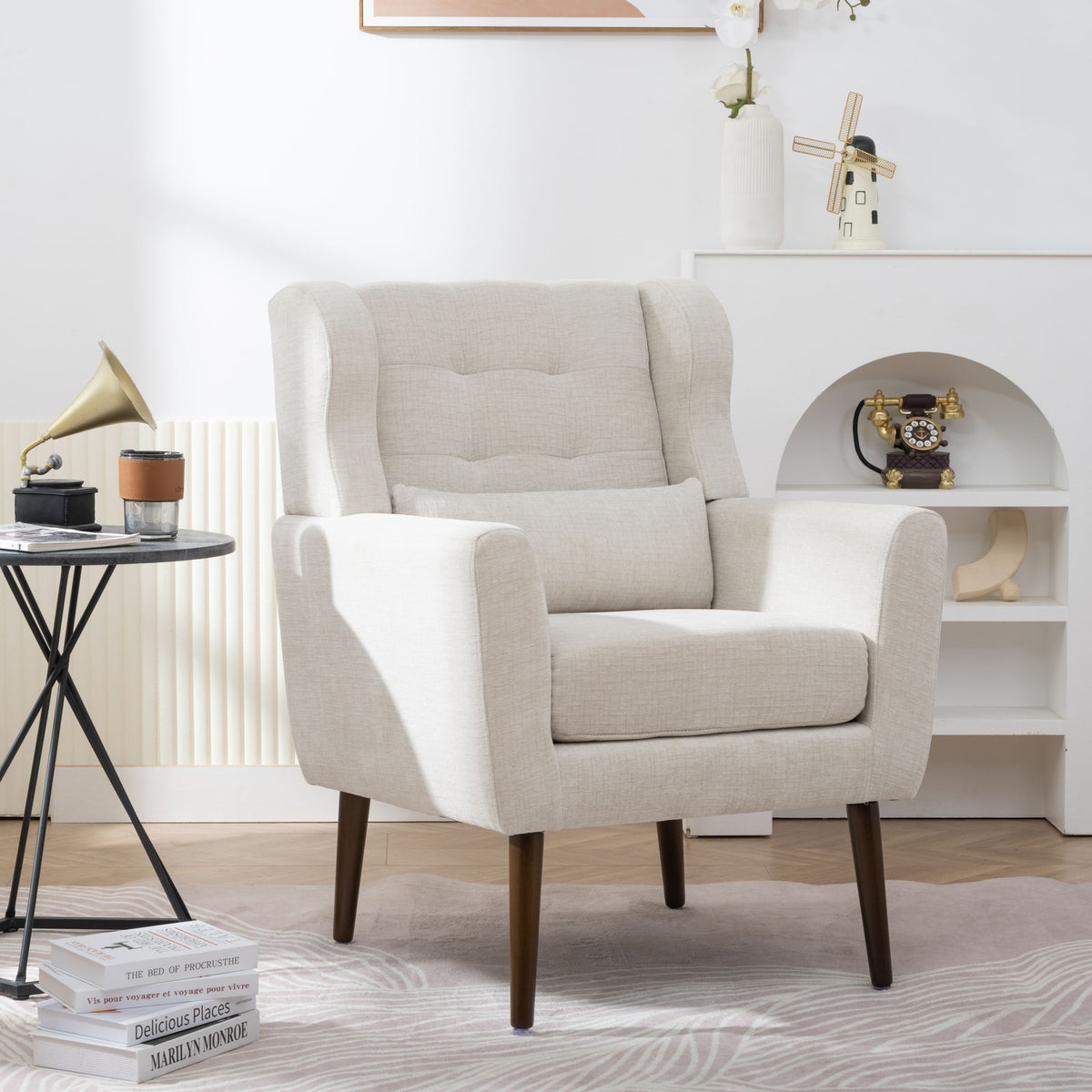 Modern Accent Chair Upholstered Foam Filled Living Room Chairs Comfy Reading Chair Mid-Century Modern Chair With Chenille Fabric Lounge Arm Chairs Armchair For Living Room Bedroom - Beige