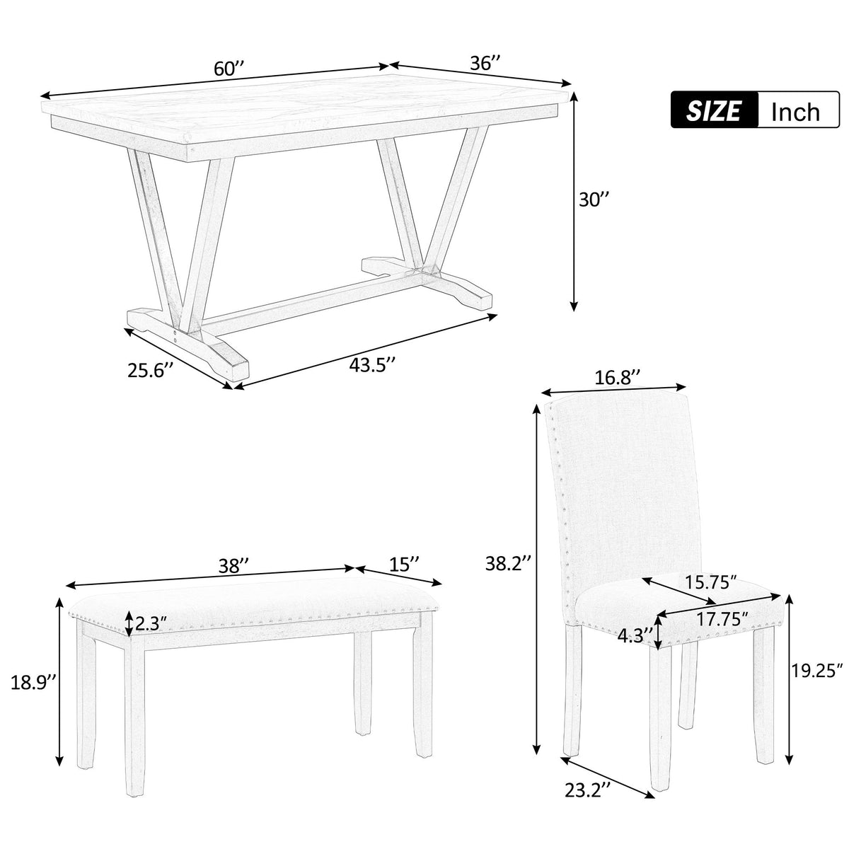 6 Piece Dining Set With V - Legs - White