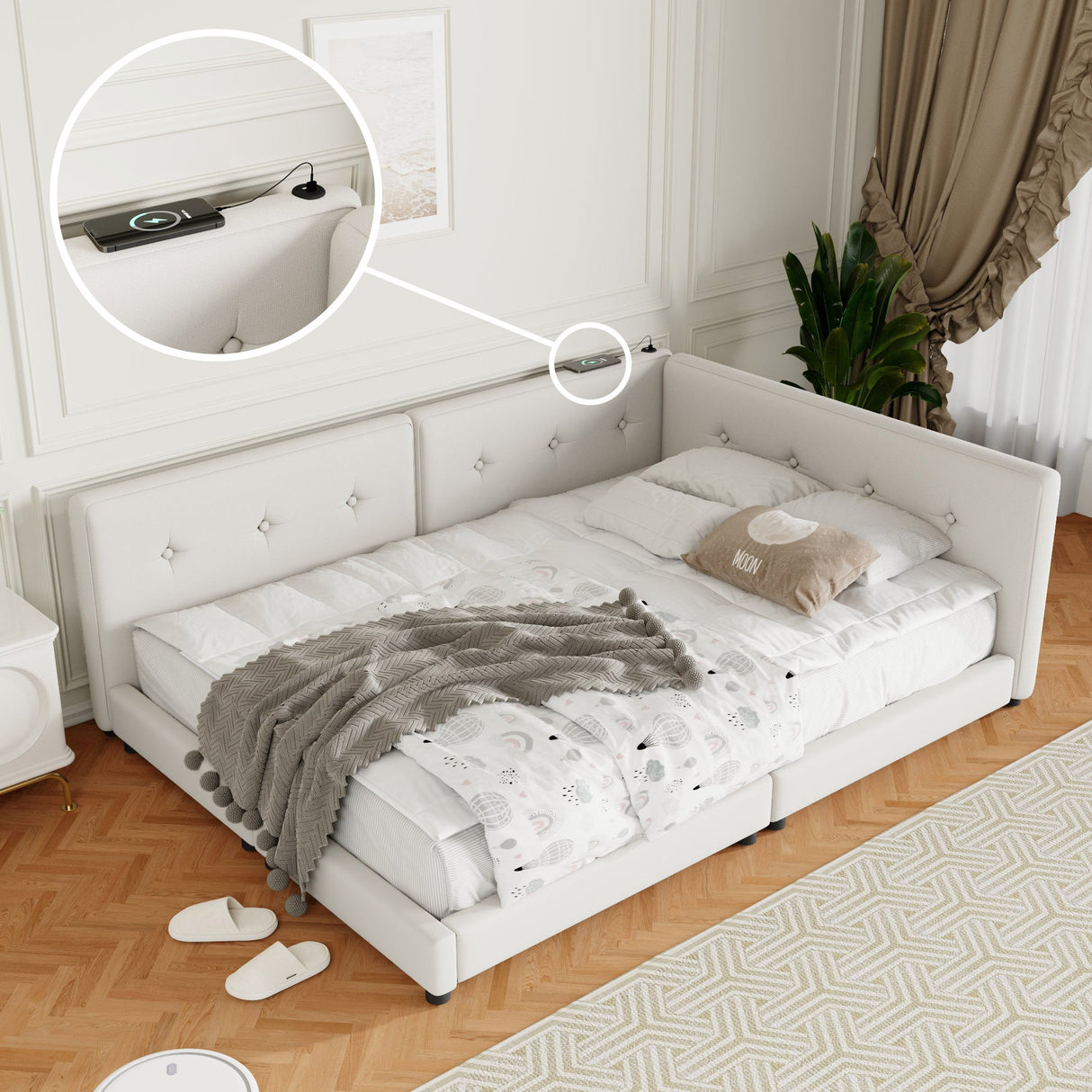 Modern Upholstered Platform Bed With USB Ports And LED Belt