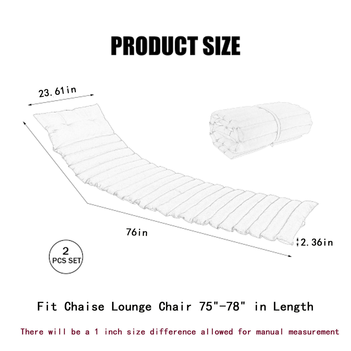 2 Piece Outdoor Chaise Lounge Chair Cushion Set, Polyester Replacement Seat Pads - Gray