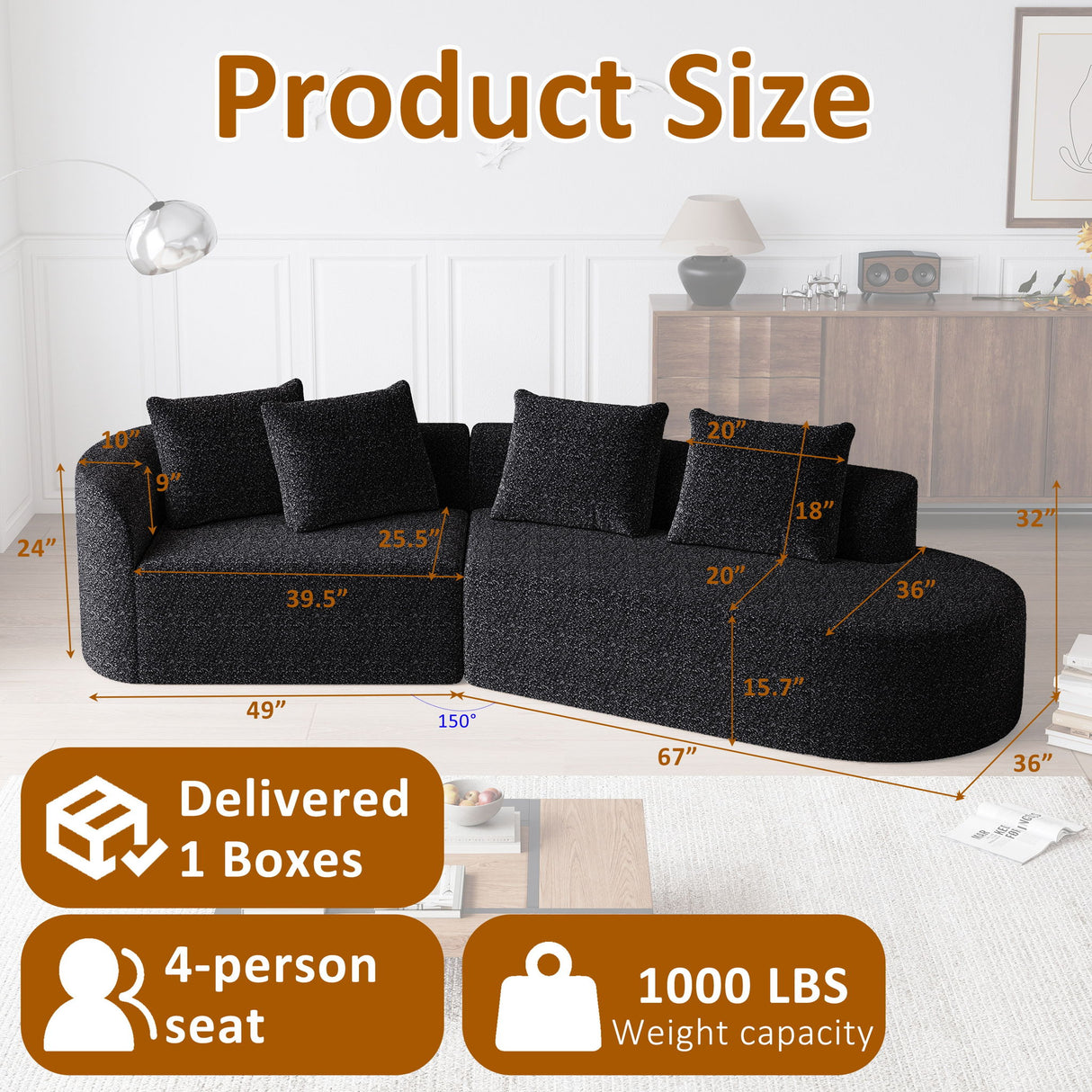 Upholstered Oversized Sectional Sofa, 4 Seater Extra Deep & Wide Curved Cloud Couch With 4 Throw Pillows For Living Room - Black