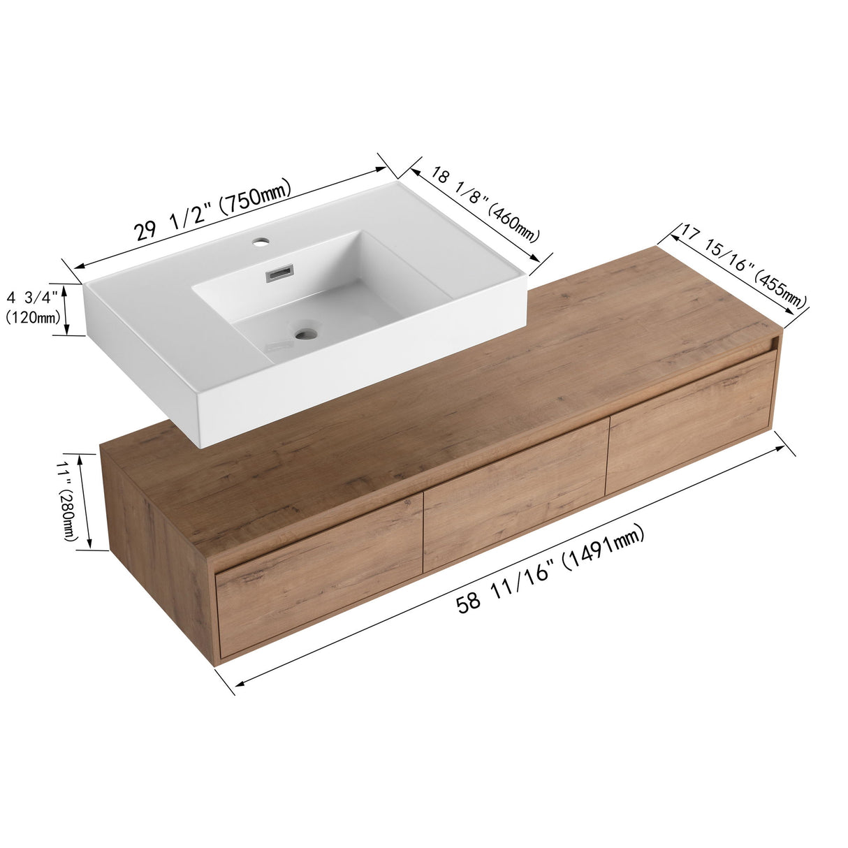 Modern Wall Mounted Bathroom Vanity With Resin Sink, Soft Close Drawer - Imitative Oak