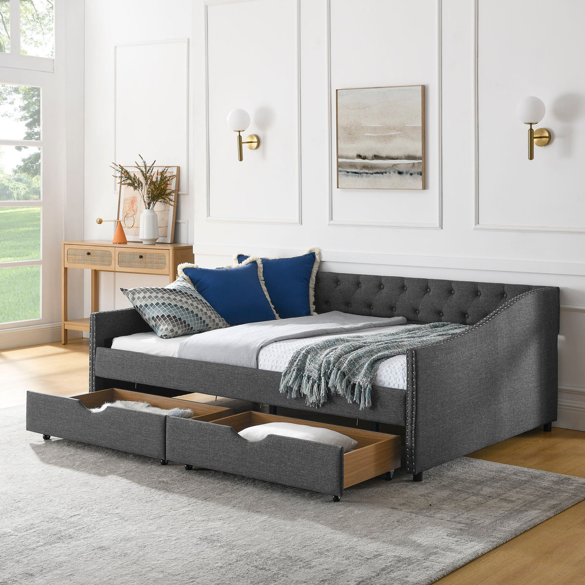 Full Size Upholstered Daybed With Tufted Back And Nail Trimmed Waved Arms - Dark Gray
