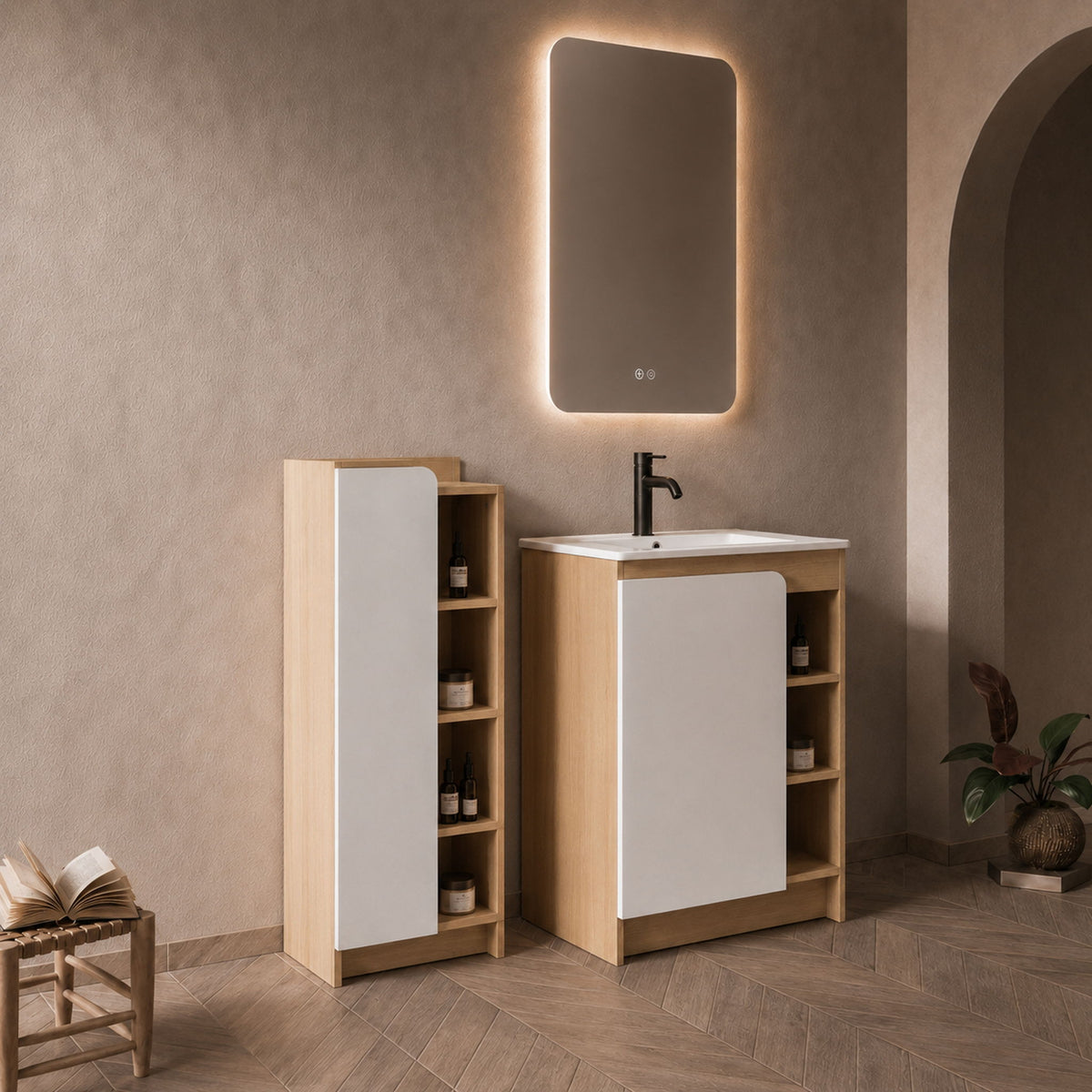 24" Bathroom Vanity With Sink & Tall Bathroom Cabinet, Vanity Set With Thin Edge Sink & Interchangeable Door Panels - Black / Light Oak / White