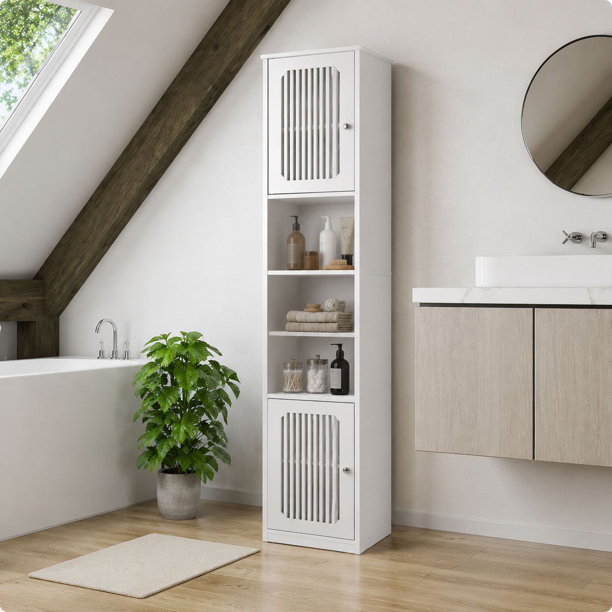 Tall Bathroom Cabinet With Adjustable Shelves, Louvered Door Floor Standing Storage Unit - White