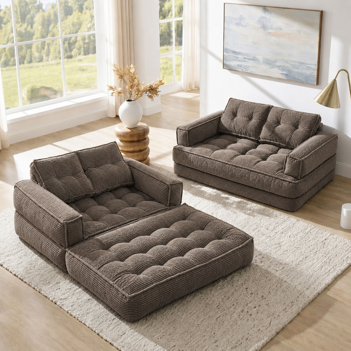 2 Seater Modular Sofa With Chaise Lounge, Boneless Floor Couch For Living Room - Coffee