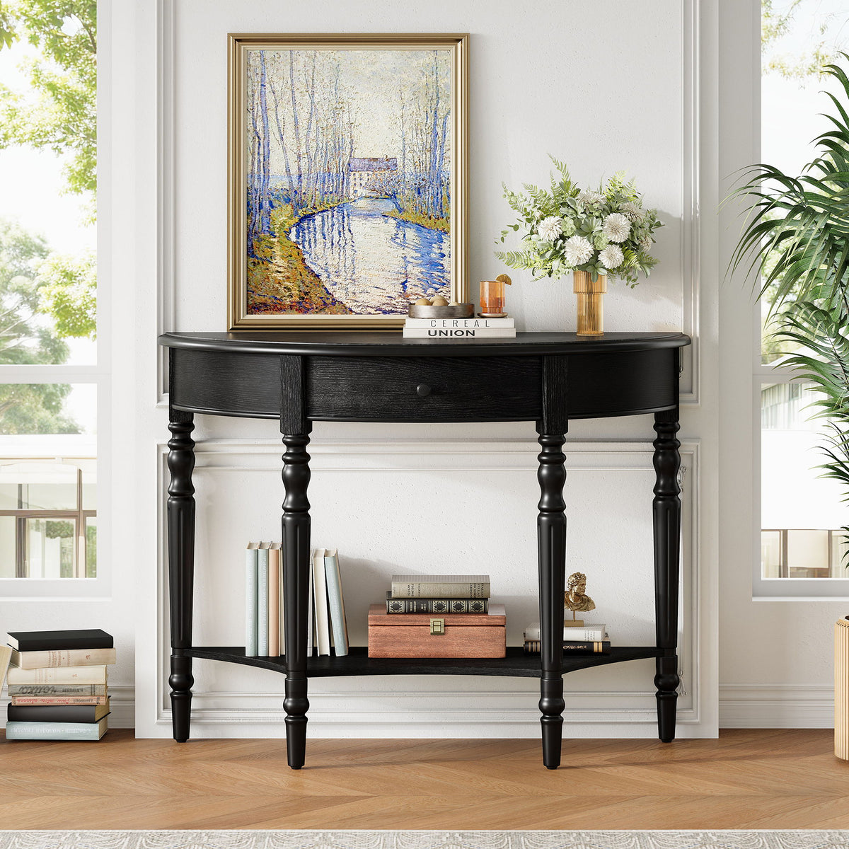 Half Moon Console Table With Drawer & Shelf Accent Table For Entryway - Black