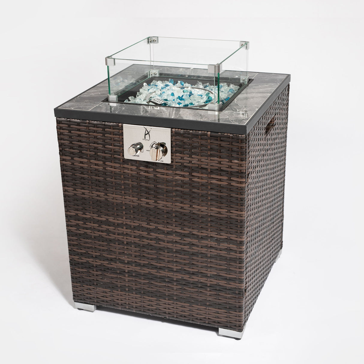 Propane Gas Square Fire Pit, Tile Tabletop With Beautiful Wicker Base For Outside