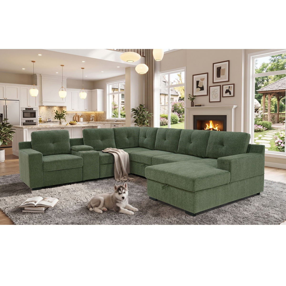 U - Shape Sectional Pull Out Bed With Console, Storage, And USB Charging