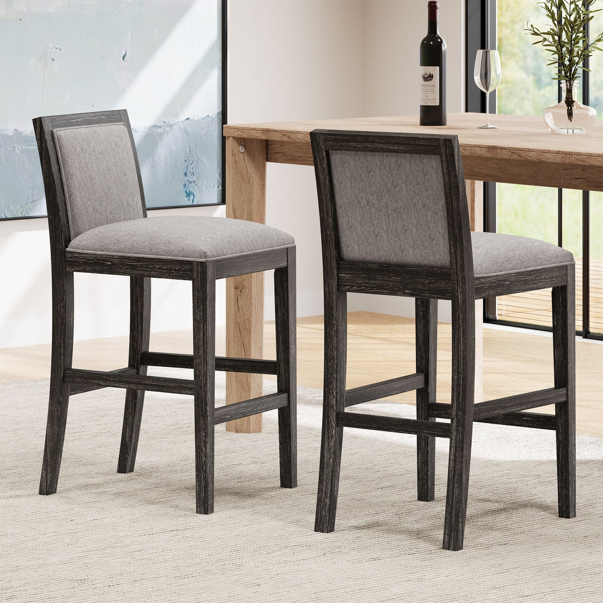 Bar Stools (Set of 2), Rubber Wood Frame, Retro Bar Chairs Suitable For Kitchen Island - Black / Gray