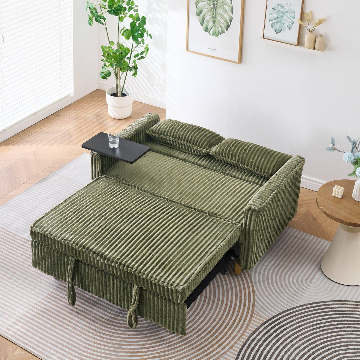Pull Out Sofa With Movable Tabletop And USB Ports - Green