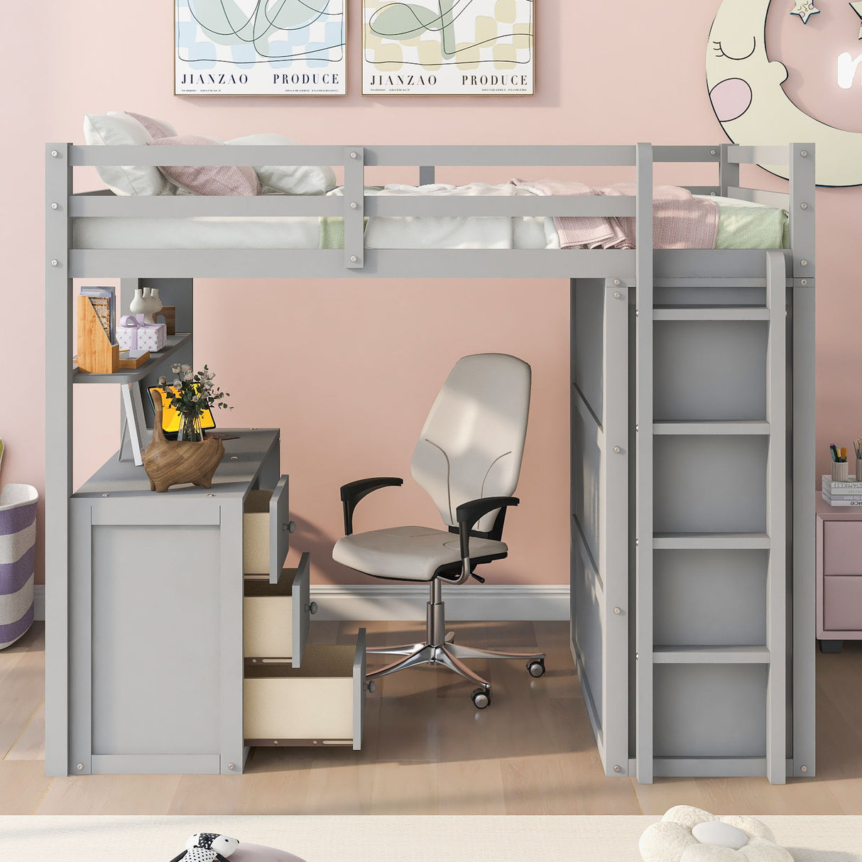 Full Size Loft Bed With Drawers, Desk, And Wardrobe - Gray