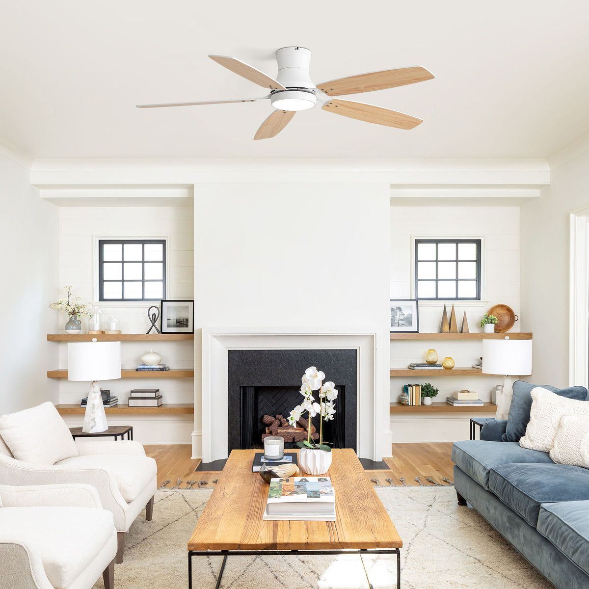 52" Flush Mount Ceiling Fan With Light, DC Motor, Remote Control, Dual Color