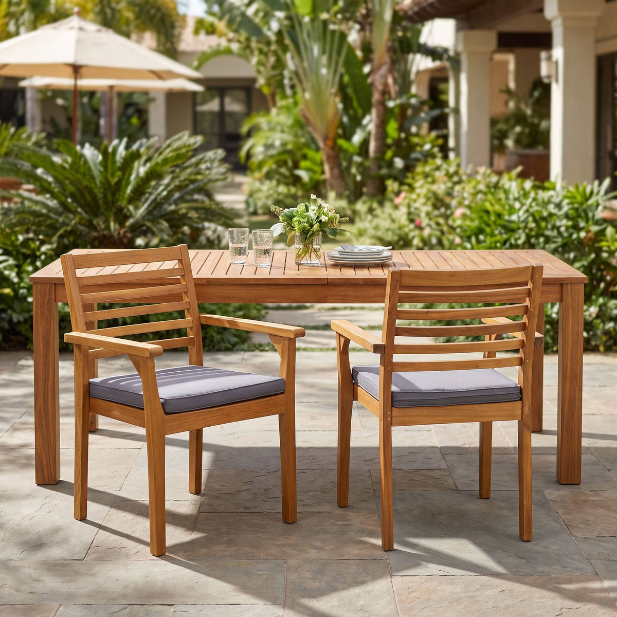Outdoor Dining Chair With Slat Back And Acacia Wood Frame (Set of 2) - Gray