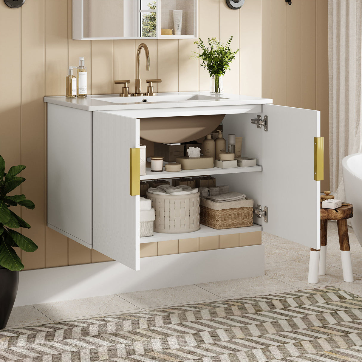 Bathroom Vanity With Sink, Rectangular Storage Cabinet With 2 Soft Closing Doors - White