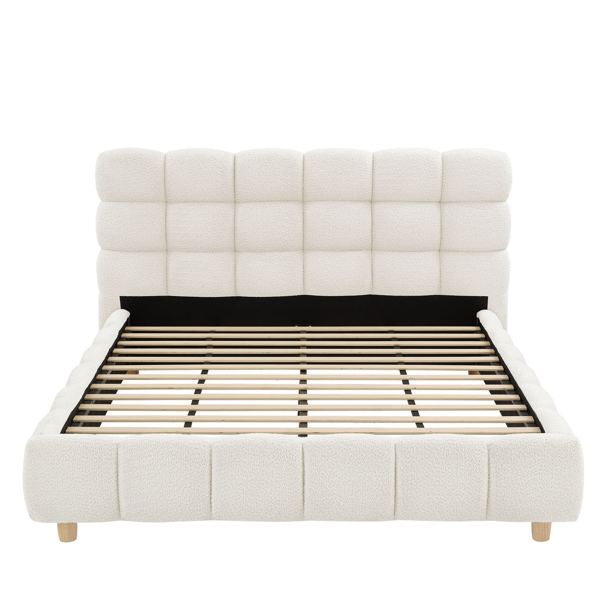 Pula - Queen Platform Bed With Upholstered Headboard, Slat Support, No Box Spring Needed - Ivory