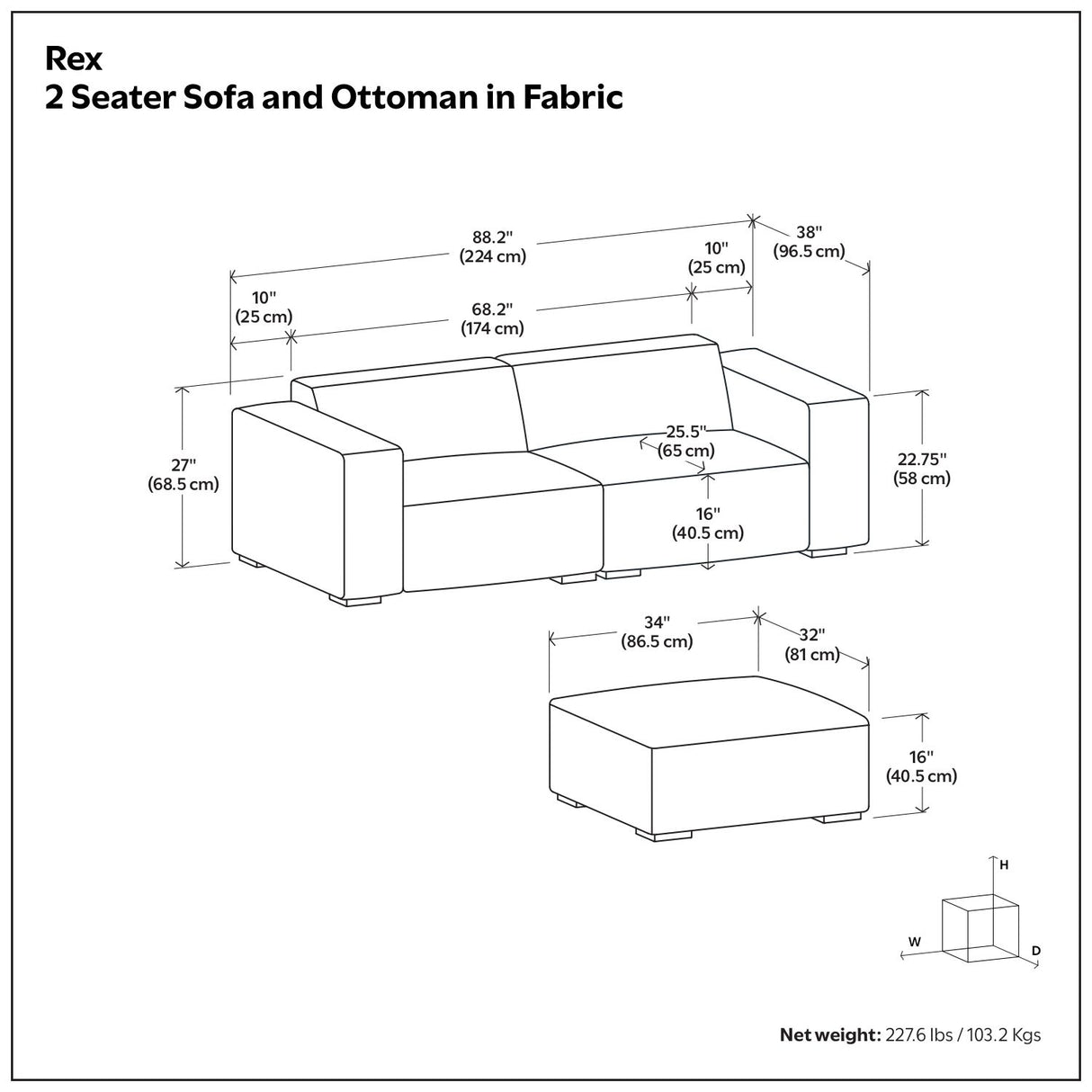 Rex - 2 Seater Sofa And Ottoman - Gray
