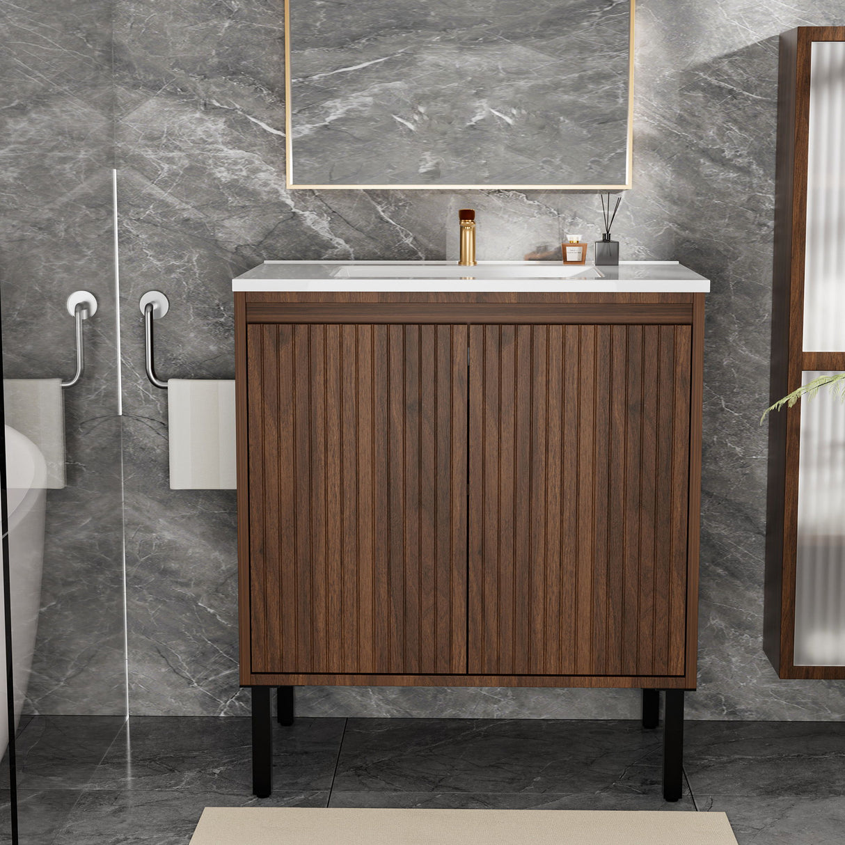Bathroom Vanity With Ceramic Sink, Floor-Standing Design, Soft-Closing Drawers