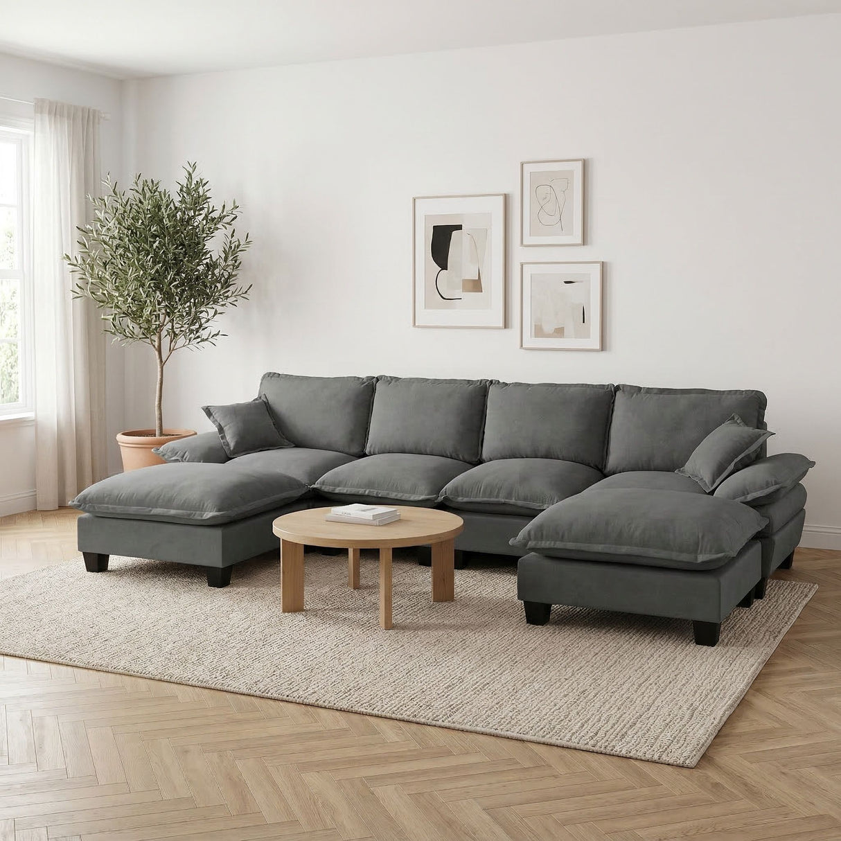 Modular Sectional Sofa With Movable Ottoman & Pillows