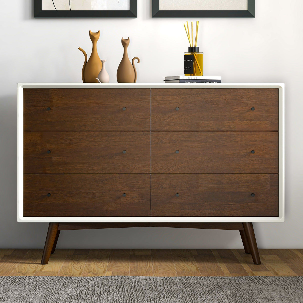 Dresser 6 Drawer - Dark Brown / White