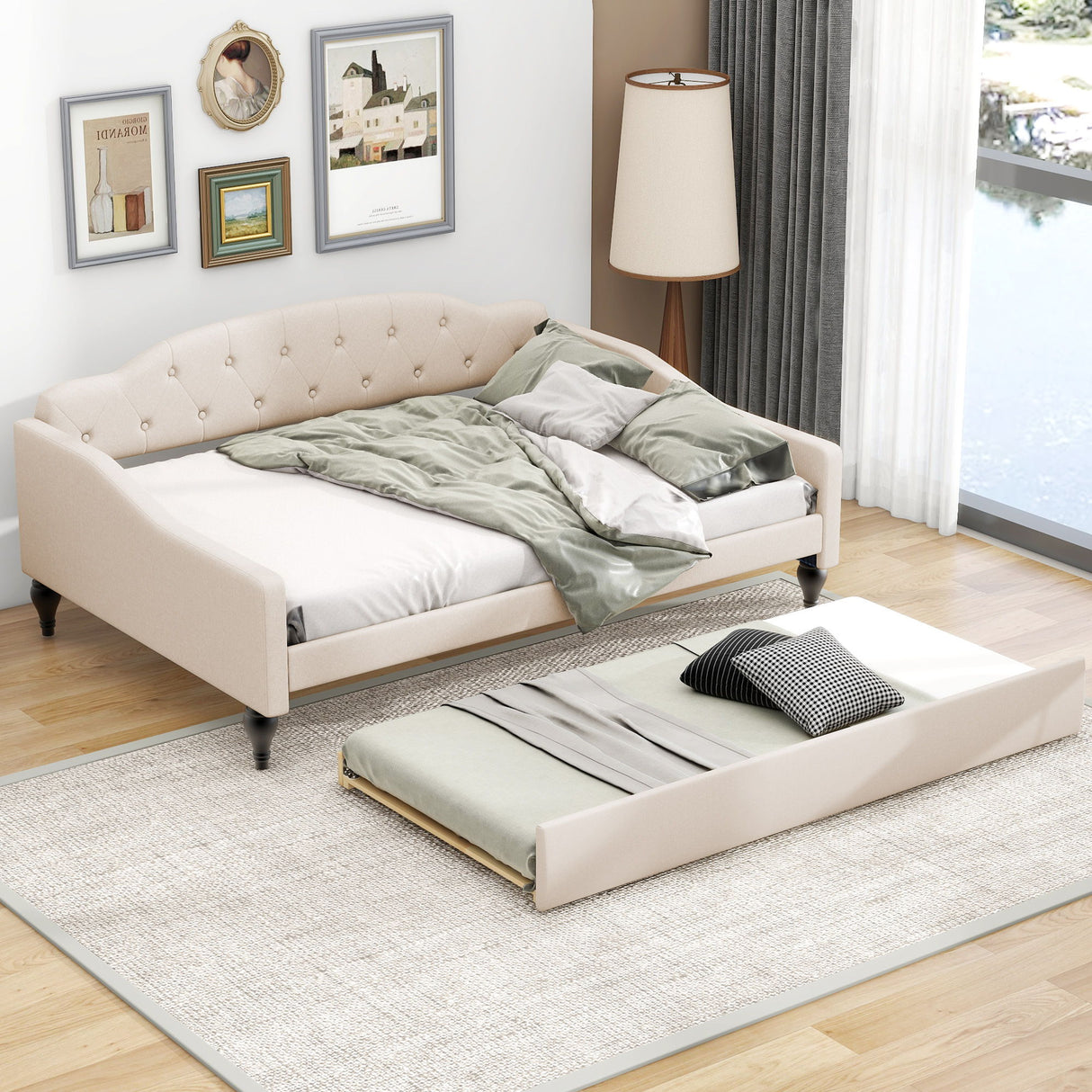 Upholstered Tufted Full Size Daybed With Twin Trundle - Beige