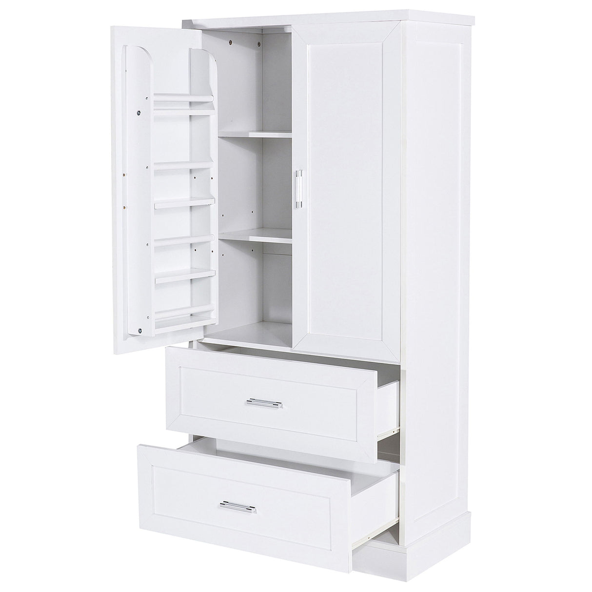 Tall Bathroom Storage Cabinet & 2 Doors And Drawers, Adjustable Shelf - White