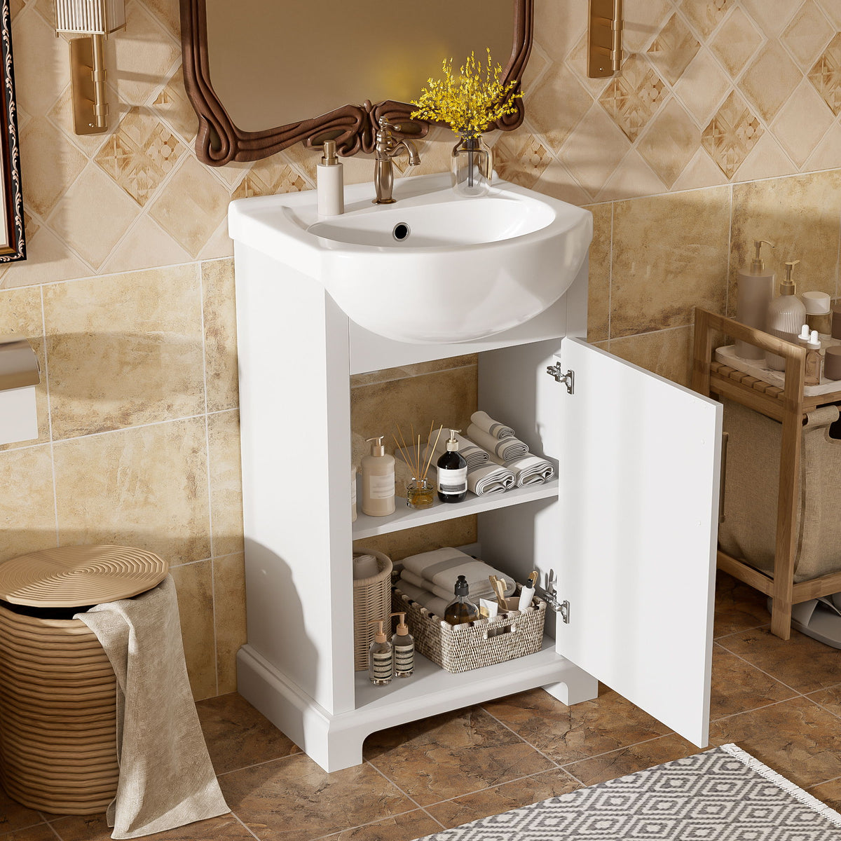 20" Bathroom Vanity With Bulged Sink, Freestanding Single Vanity Set, Soft Close Door