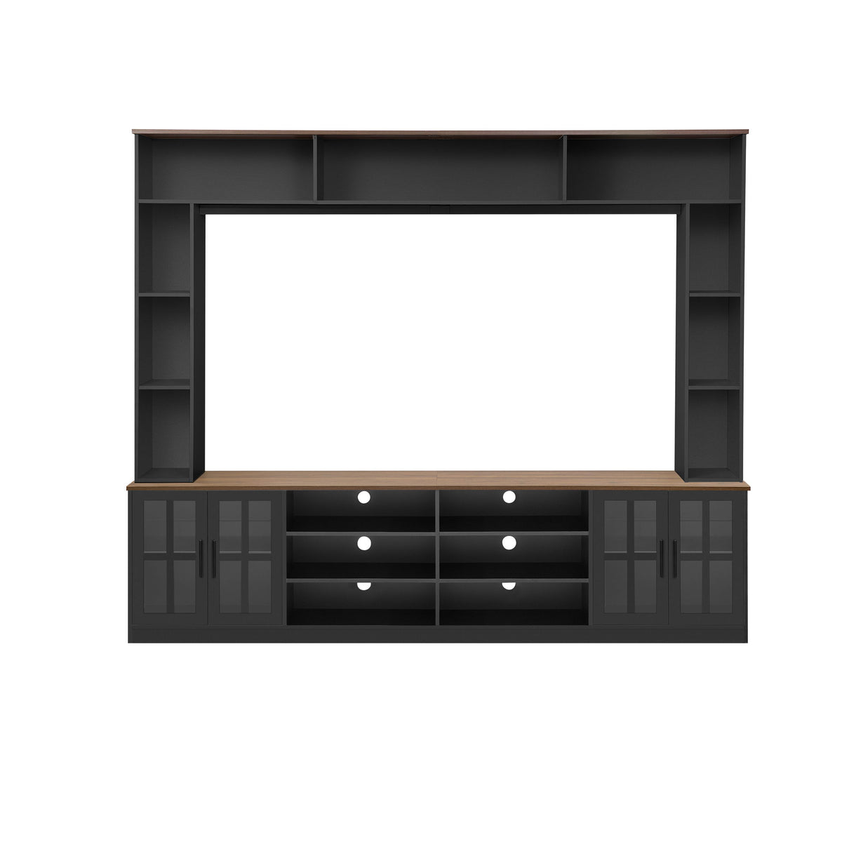 Wall Unit Entertainment Center With Bookshelves For TVs Up To 80", Modern TV Stand Media Console With Cabinets, Tempered Glass Doors And Adjustable Shelves For Living Room - Black