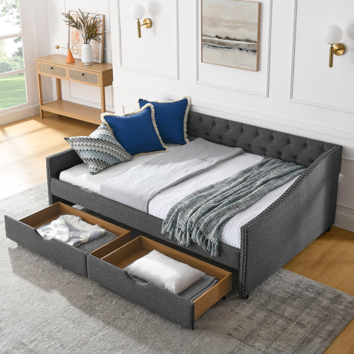 Full Size Upholstered Daybed With Tufted Back And Nail Trimmed Waved Arms - Dark Gray