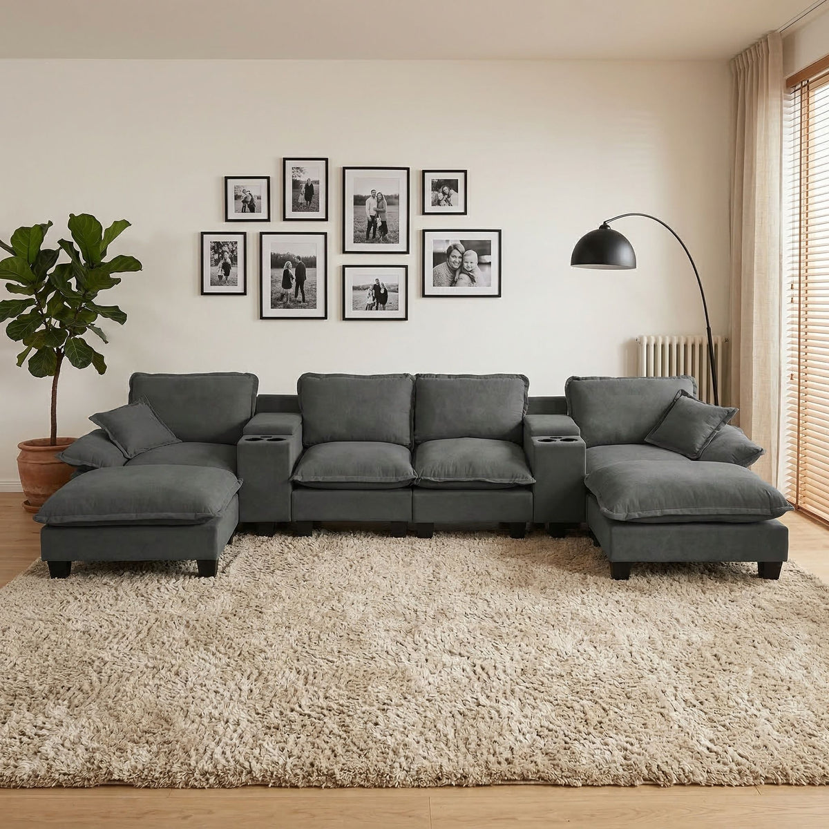 Modular Cloud Couch U-Shape Sofa With 2 Storage Consoles & Cup Holders, USB Port, 2 Ottomans & 2 Pillows - Gray