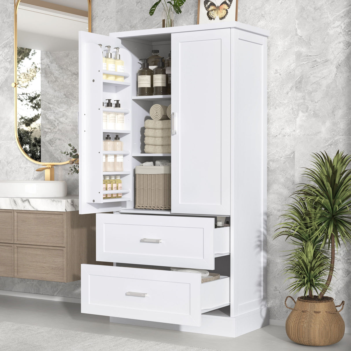 Tall Bathroom Storage Cabinet & 2 Doors And Drawers, Adjustable Shelf - White