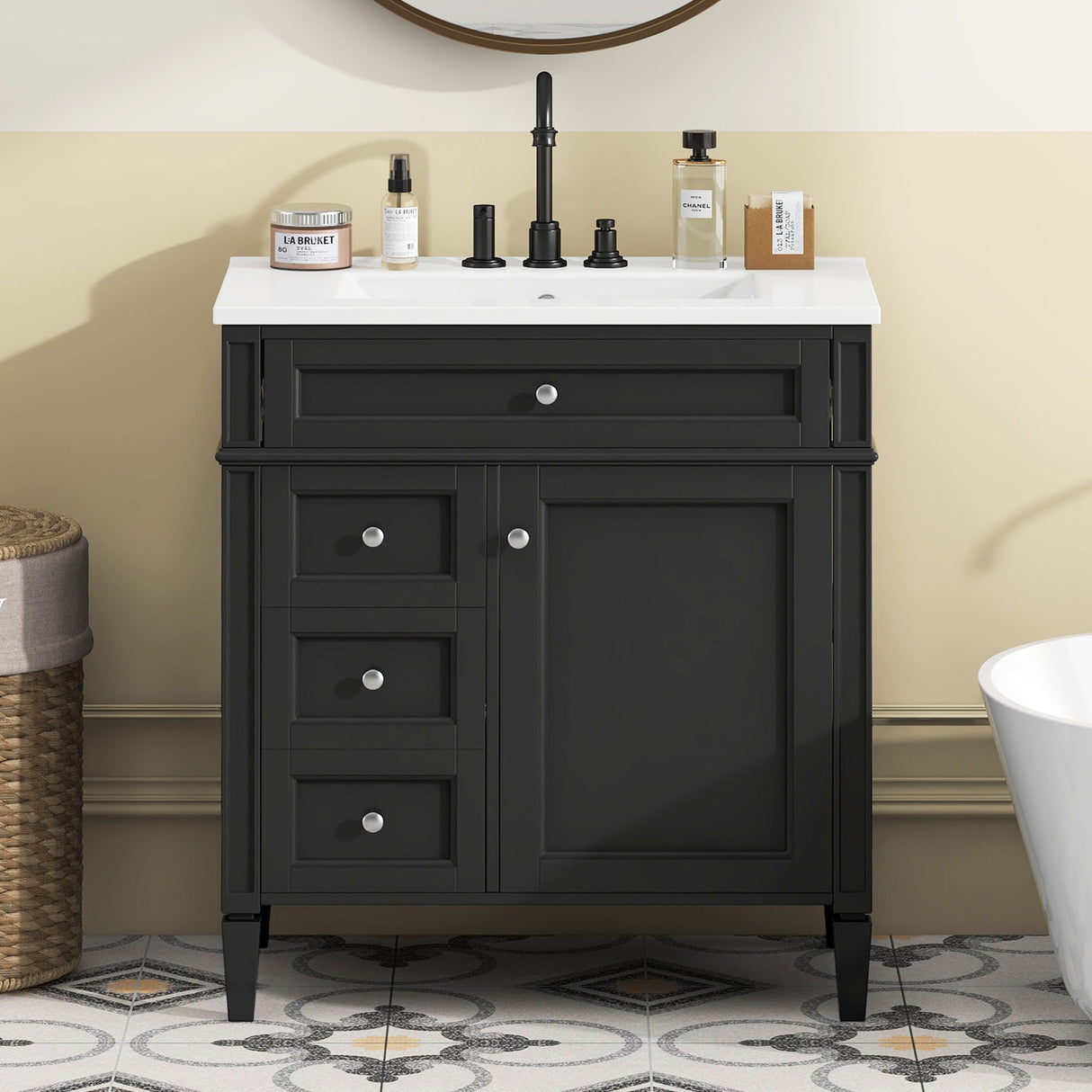 Bathroom Vanity With Top Sink, 3 Drawer Storage Cabinet, Rectangular Design - Black