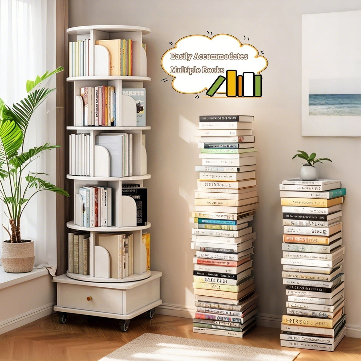 Rotating Bookshelf With Wheels And Drawer, 360° Spinning Design, Space Saving Storage