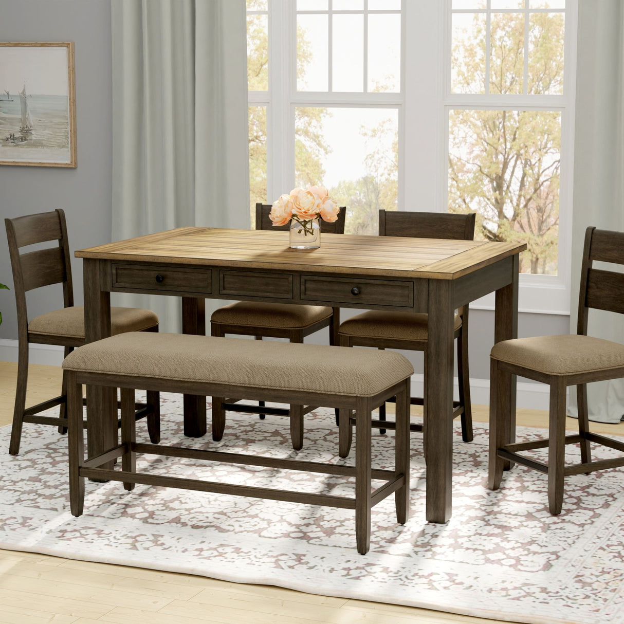 6 Piece Dining Set With Table, Chairs And Bench - Brown