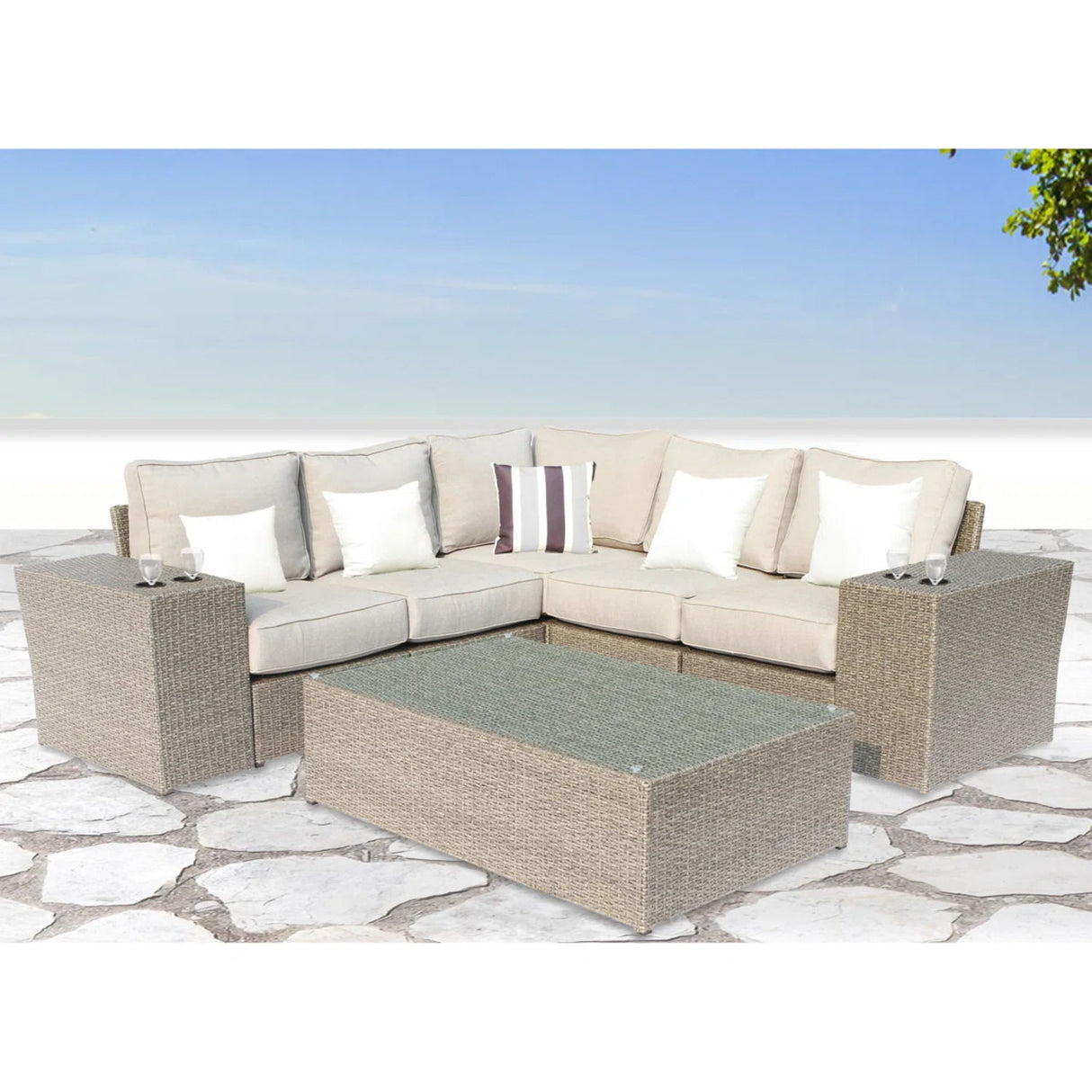 Outdoor Wicker Sectional With Weather Resistant Cushions - Gray Mix