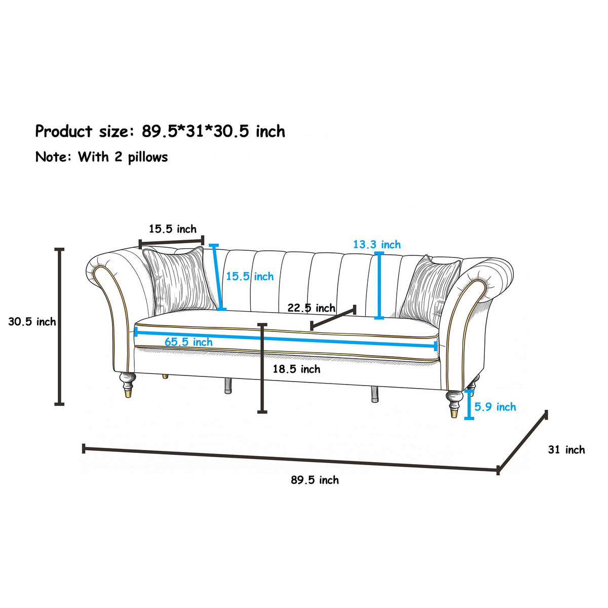 3 Seater Sofa With Rolled Arms, Vertical Channel Tufted Backrest