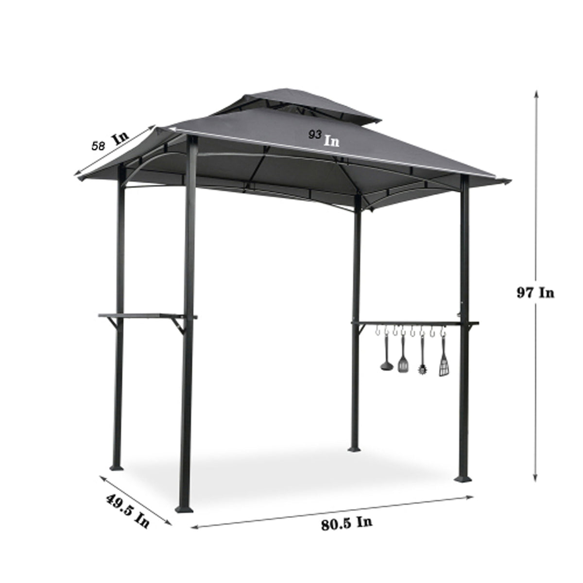 Outdoor Grill Gazebo 8 X 5 Ft With Double Tier Soft Top Canopy, Steel Frame, Bar Counters & Hook Metal - Khaki