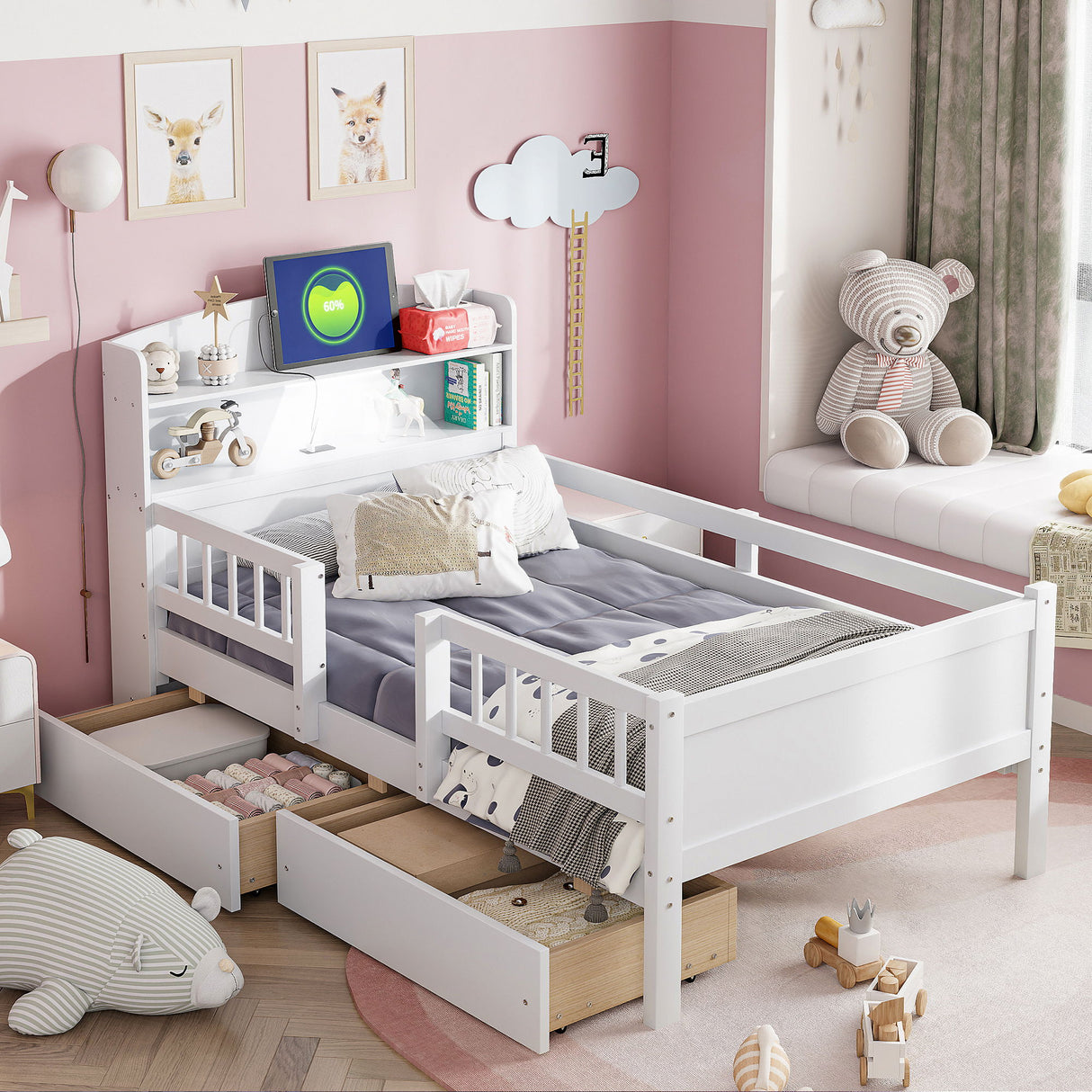 Platform Bed With LED Light, Multi Functional Headboard, Guardrail And 2 Drawers