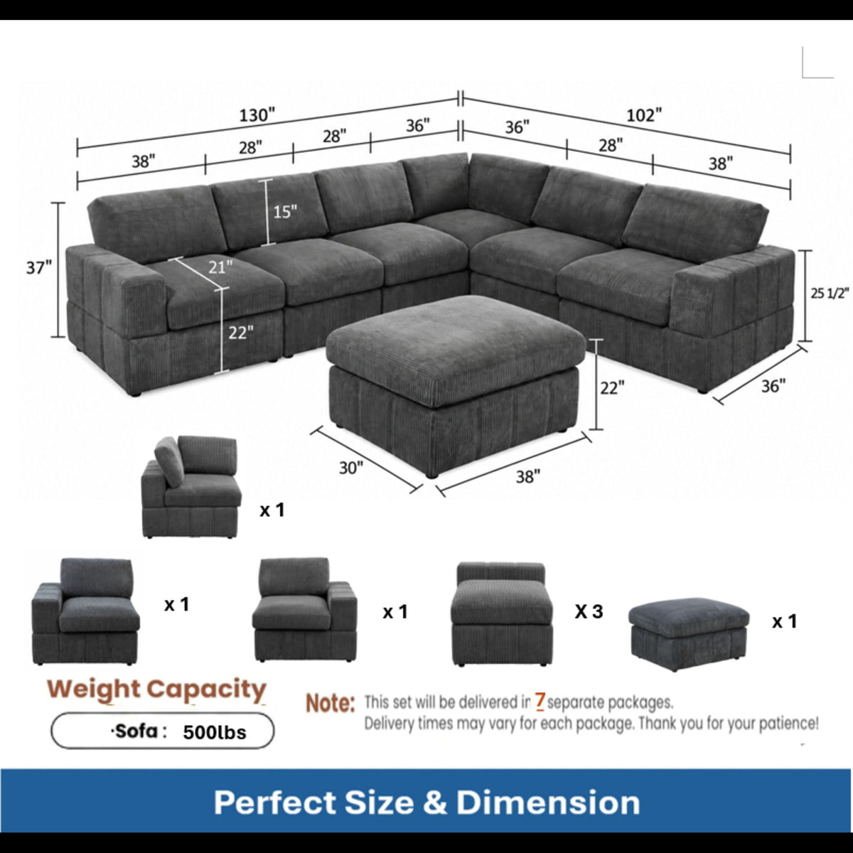 Oversized Modular Sectional Sofa, Reversible With Ottoman