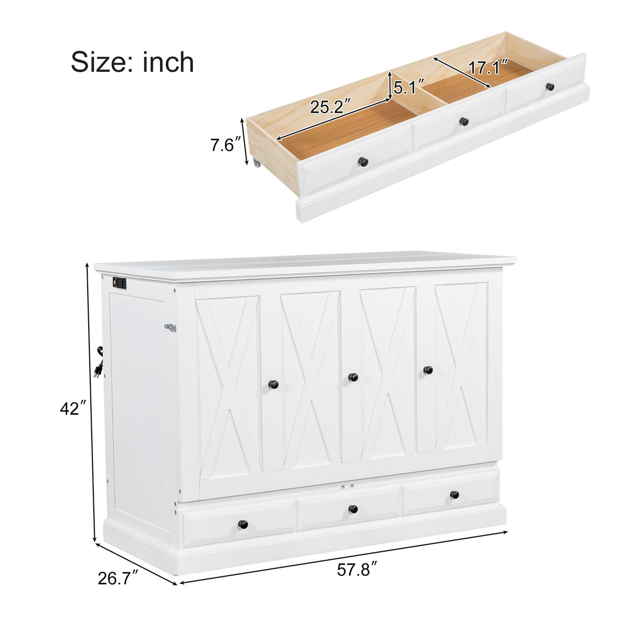 Full Solid Pine Murphy Bed Chest Cube Cabinet Bed With Charging Station And Large Storage Drawer For Home Office Or Small Room - White